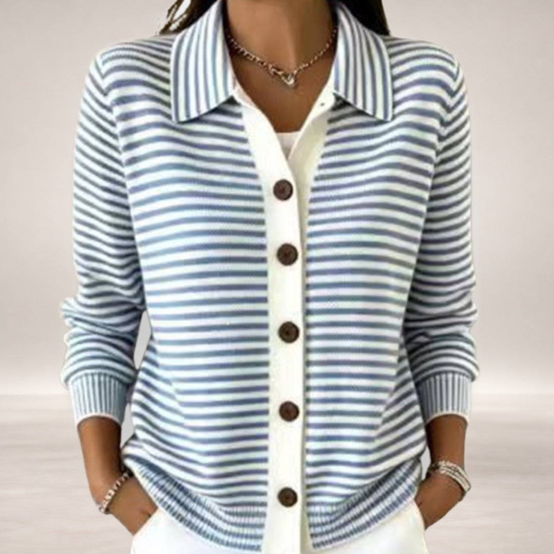 Jamie – Striped Collared Button Cardigan for Women in Light Blue