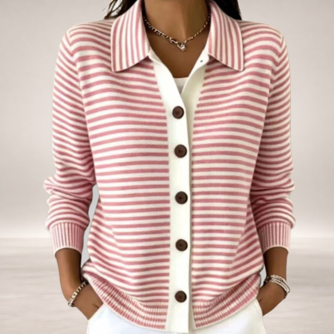 Jamie – Striped Collared Button Cardigan for Women in Pink