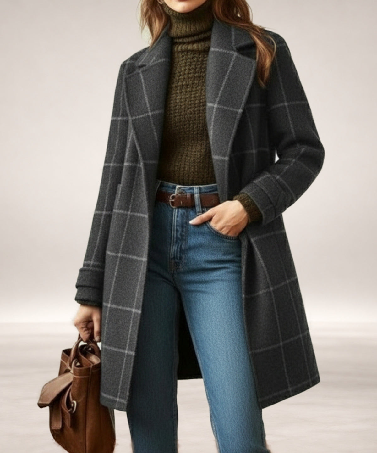 Jennifer Wool Check Coat in Grey