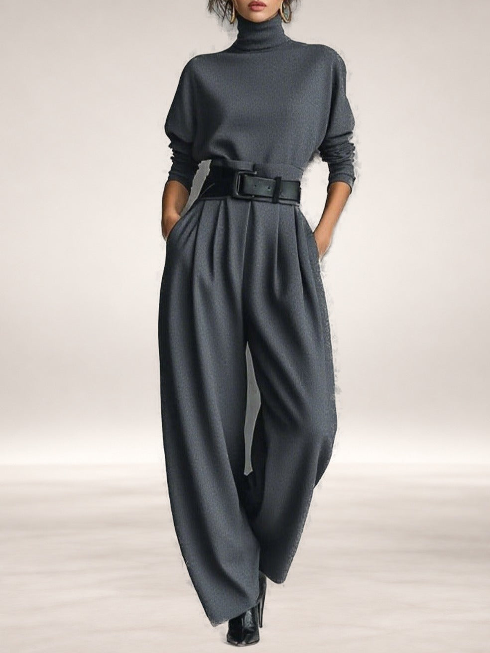 Jessica Elegant Top & Straight-Leg Pants Set in Gray