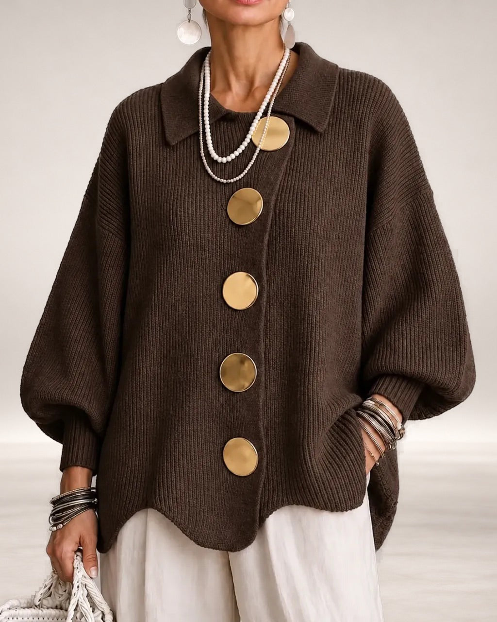Karina – Oversized Collared Button Cardigan in Brown