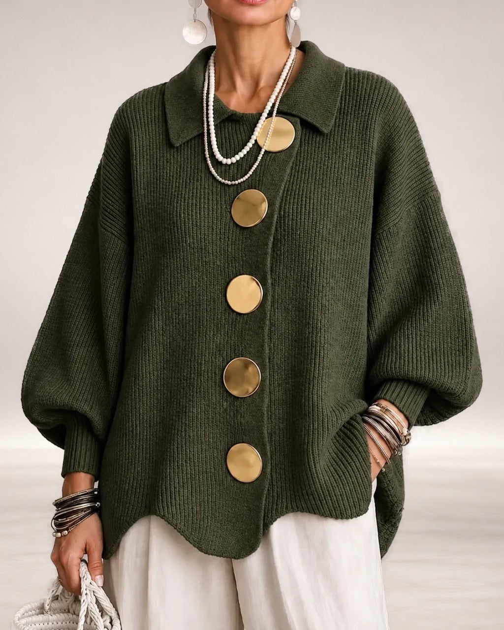 Karina – Oversized Collared Button Cardigan in Green