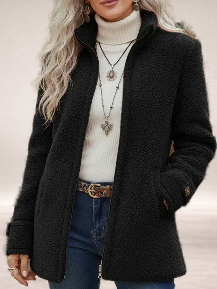 Larissa- Full-Zip Lambswool-Feel Stand Collar Jacket in Black