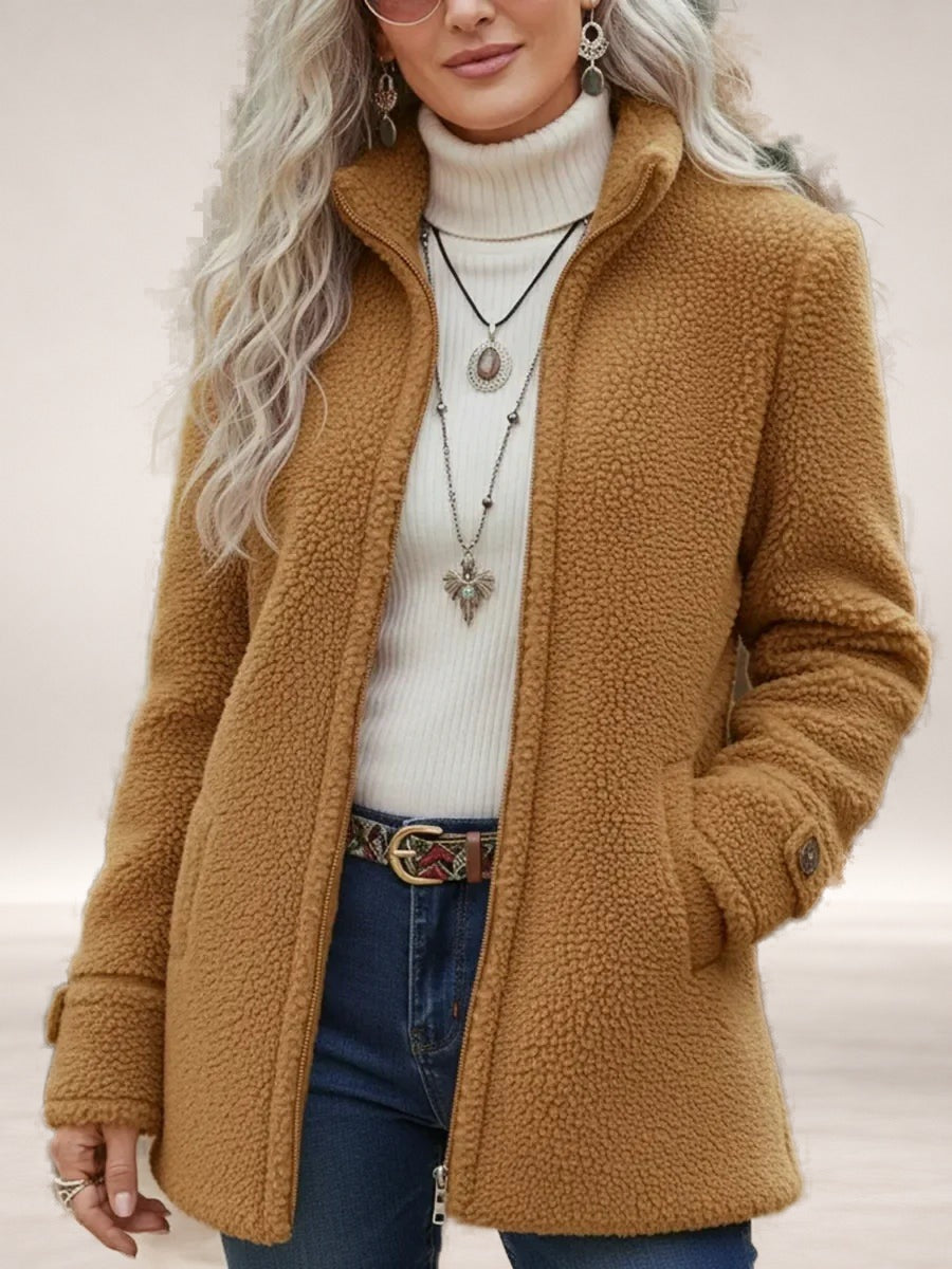 Larissa- Full-Zip Lambswool-Feel Stand Collar Jacket in Camel