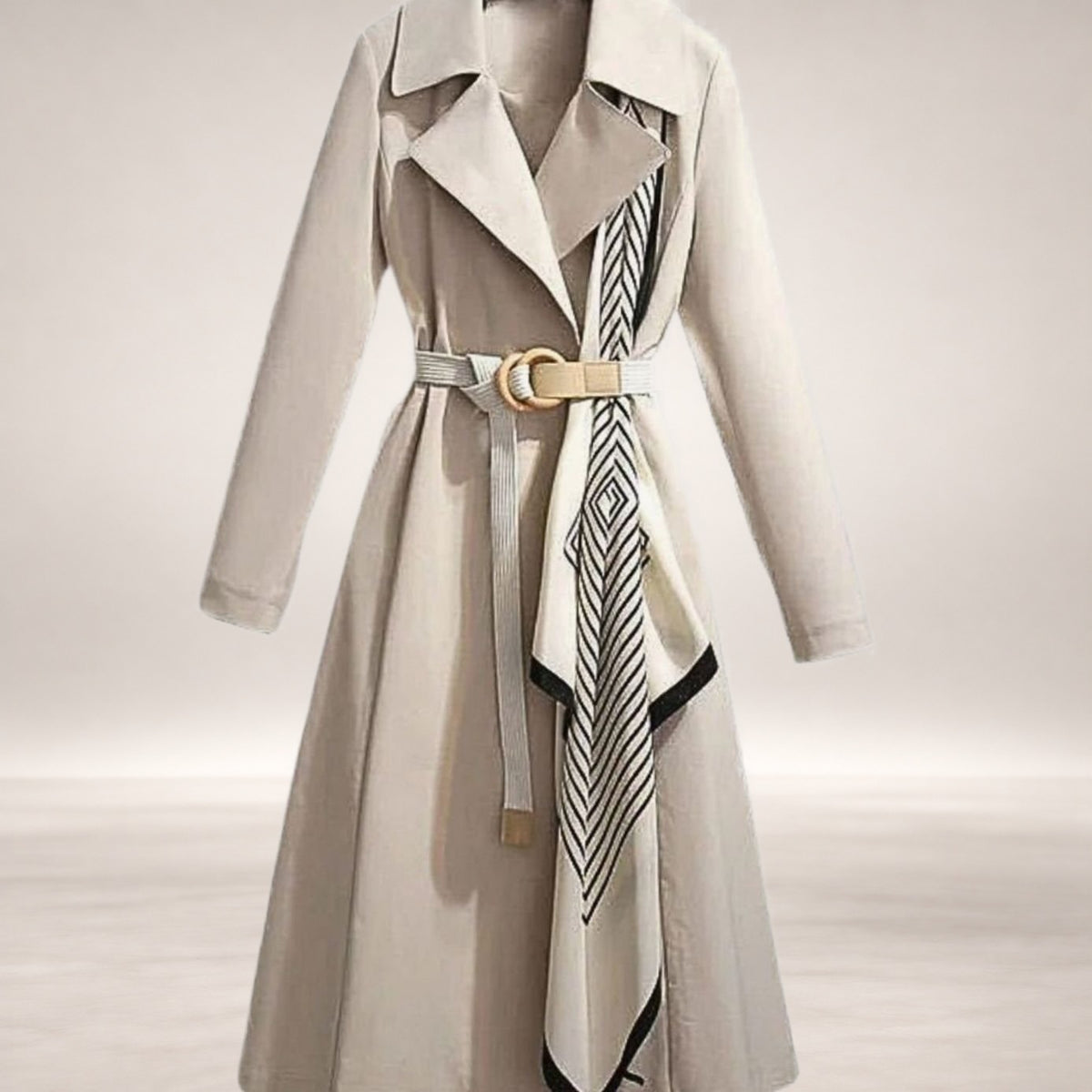 Layla | Women's Midi-Length Belted Trench Coat Notch Collar in Beige
