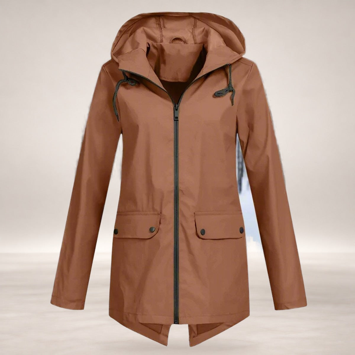 Layla | Women's Waterproof Hooded Rain Jacket Zip-Up Longline in Coffee