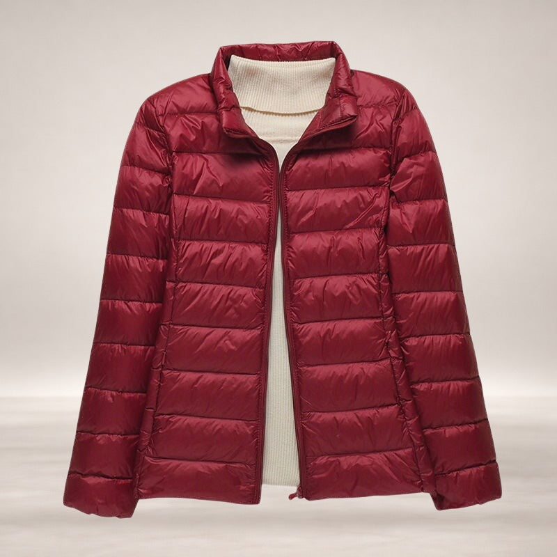 Lily | Women's Lightweight Wind & Waterproof Quilted Jacket in Burgundy Stand-up collar