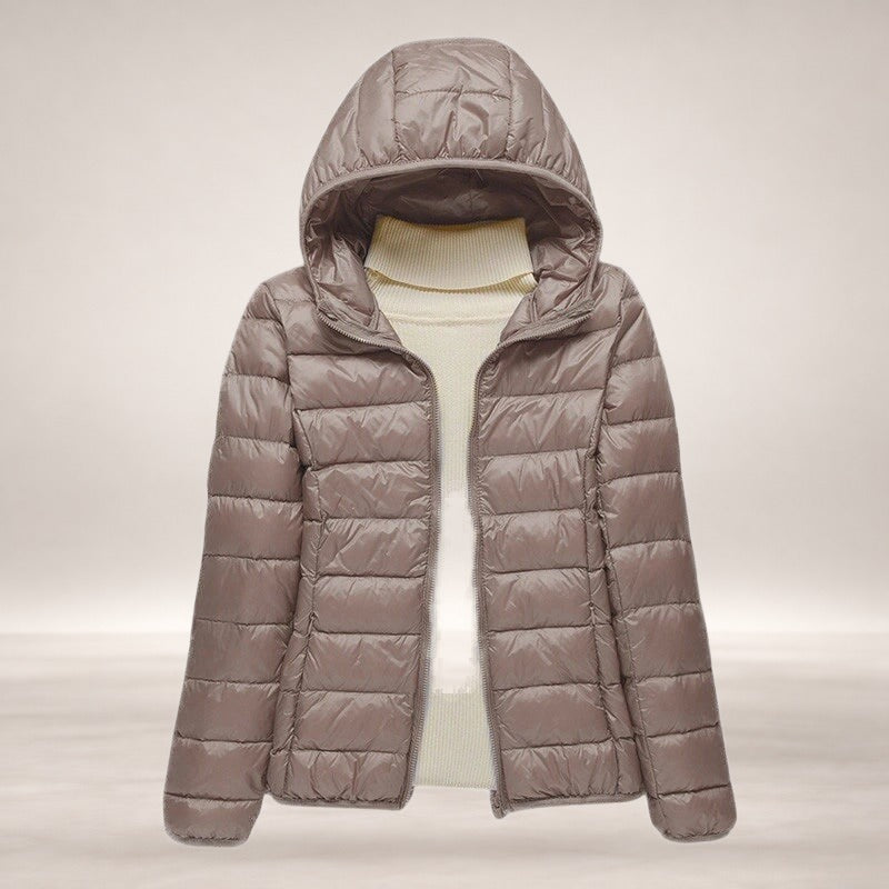 Lily | Women's Lightweight Wind & Waterproof Quilted Jacket in Khaki Hood