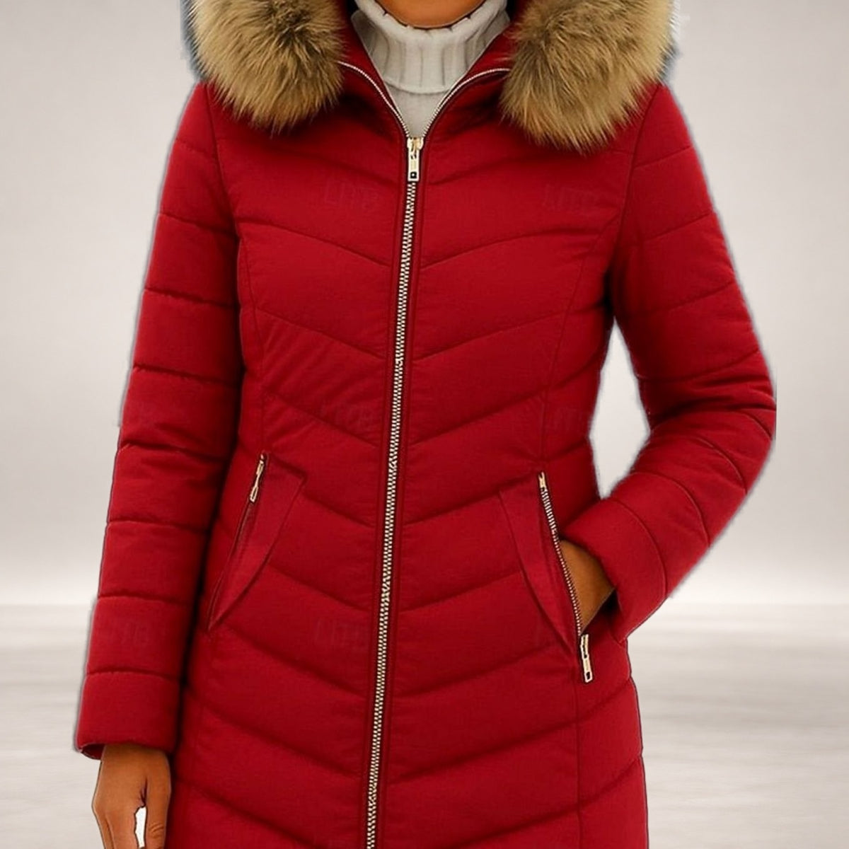 Luna | Women's Hooded Faux-Fur Trim Quilted Jacket Waist-Defining Puffer Coat in Wine Red