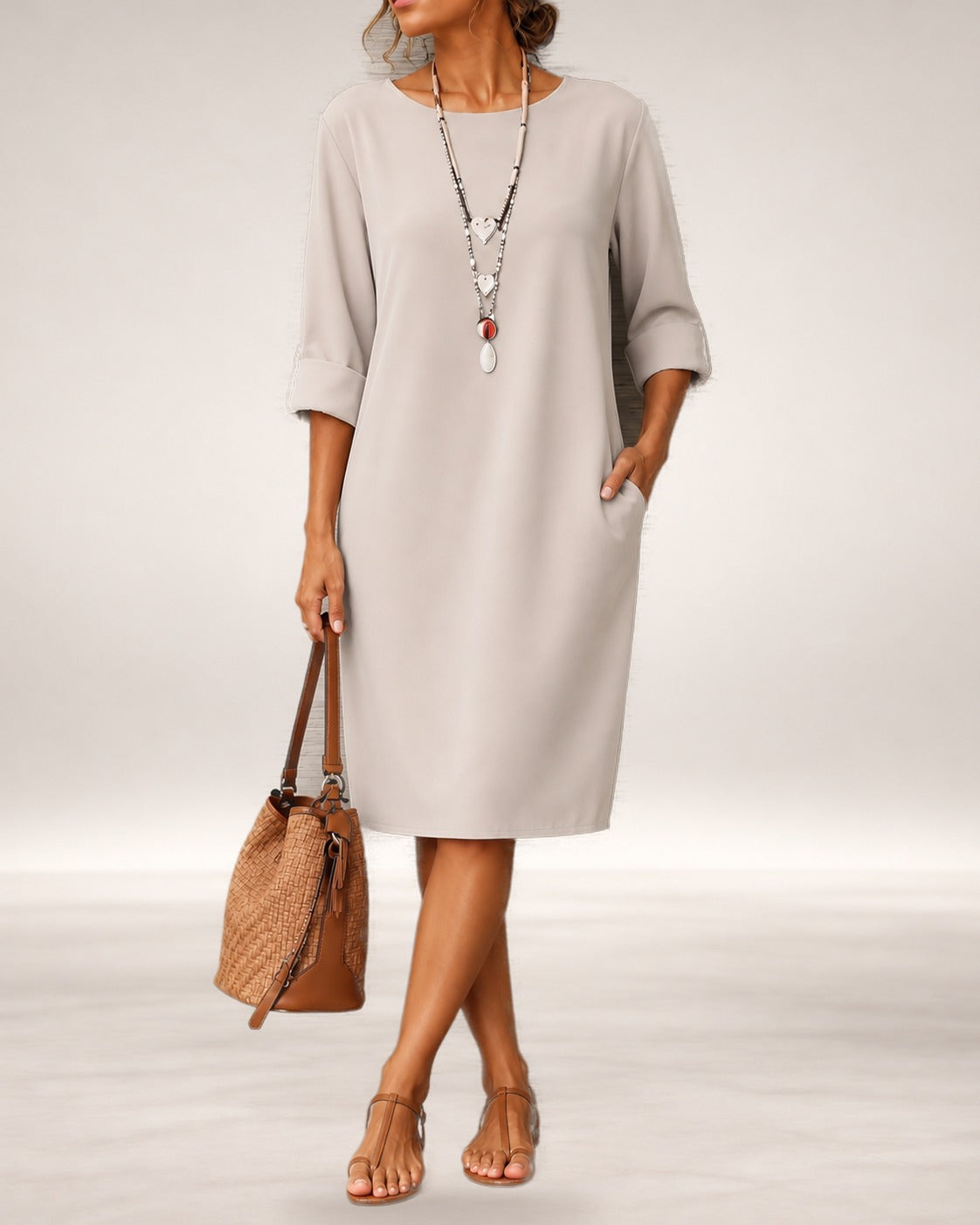 Margaret relaxed midi dress with pockets in Off-White