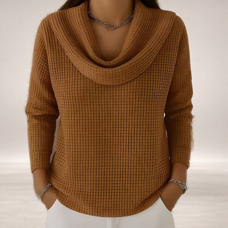 Natalia – Warm Waffle Sweater with Elegant Waterfall Neck in Caramel Brown