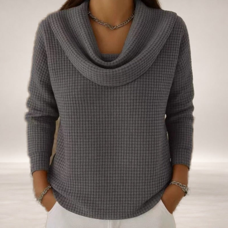 Natalia – Warm Waffle Sweater with Elegant Waterfall Neck in Gray
