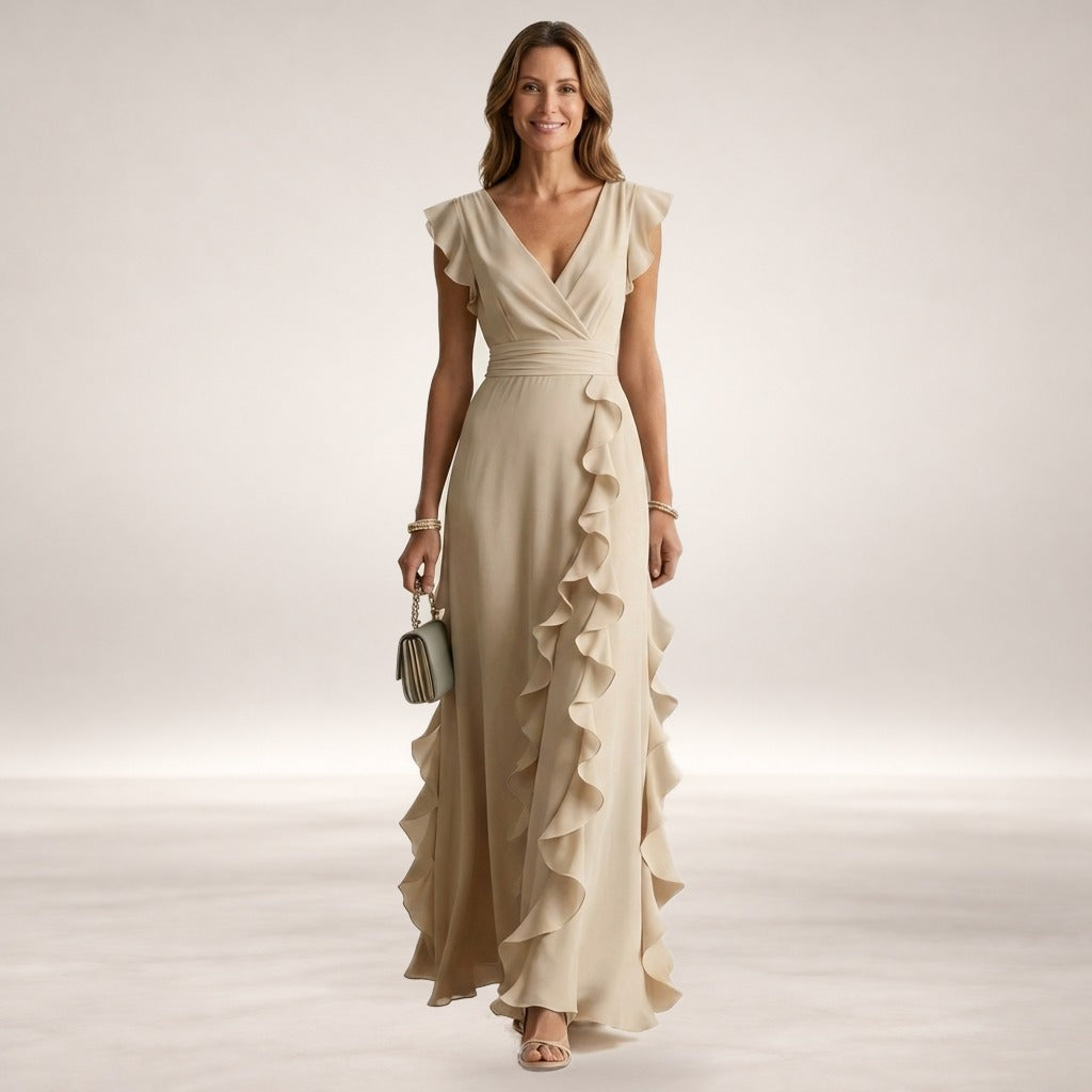Nellyana – V-Neck Cascading Ruffle Maxi Dress in Beige