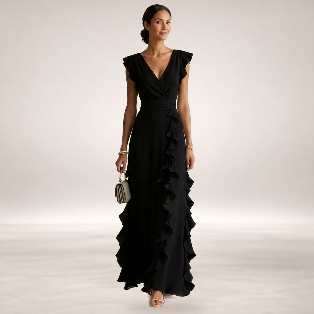Nellyana – V-Neck Cascading Ruffle Maxi Dress in Black