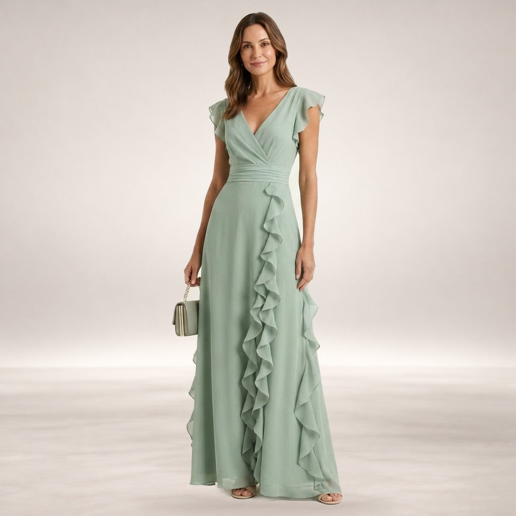 Nellyana – V-Neck Cascading Ruffle Maxi Dress in Green