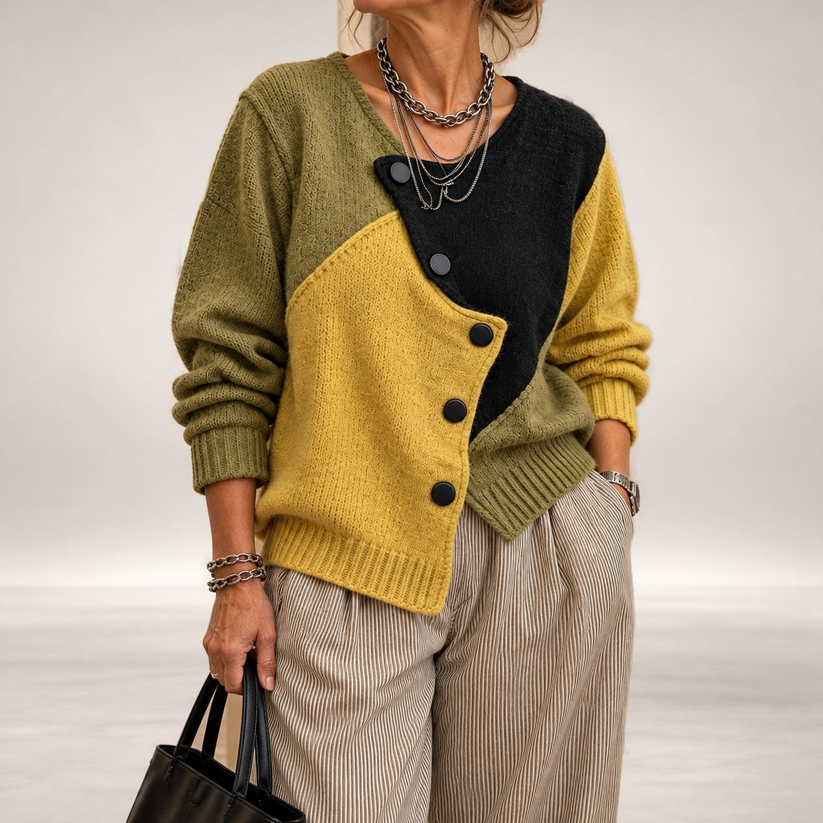 Nora – Asymmetric Color-Block Knit Sweater