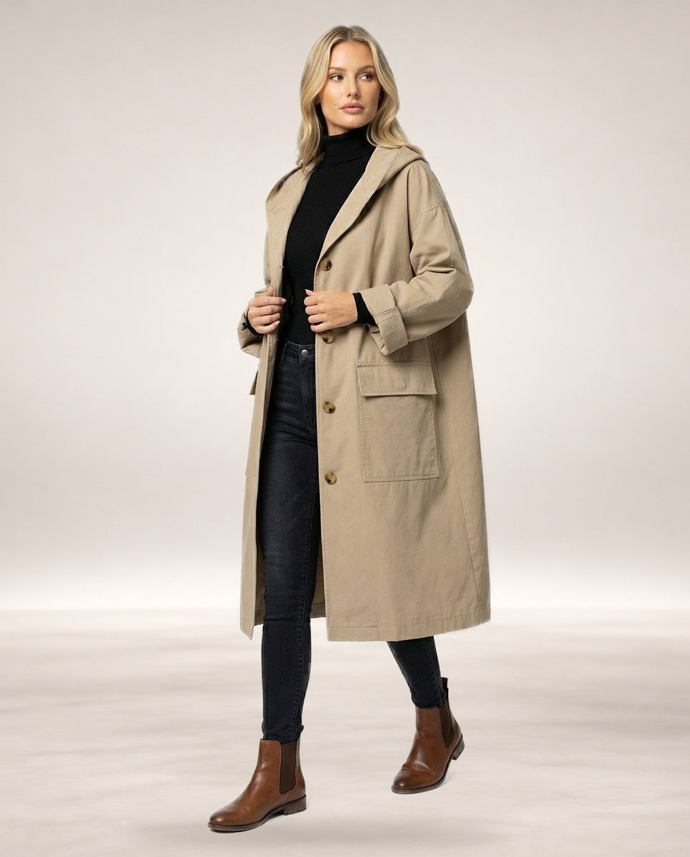 Olivia | Women's Long Waterproof Hooded Trench Coat in Beige