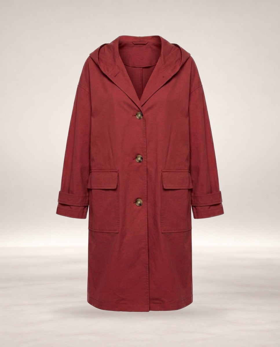 Olivia | Women's Long Waterproof Hooded Trench Coat in Red