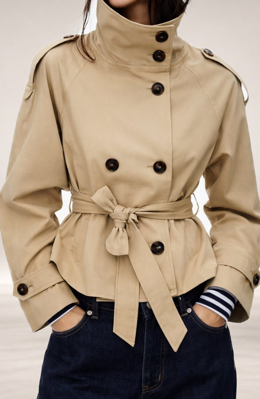 Penelope | Women's Double-Breasted Belted Trench Coat Blazer in Light Brown