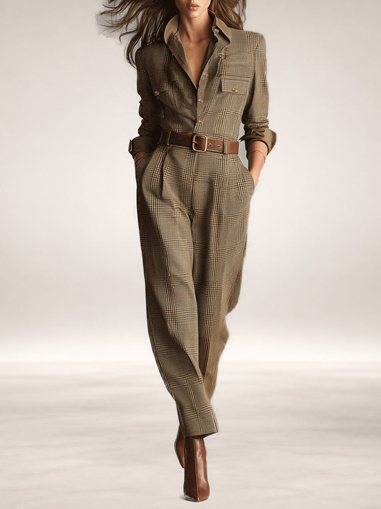 Rowena Brown Tweed Plaid Utility Jumpsuit