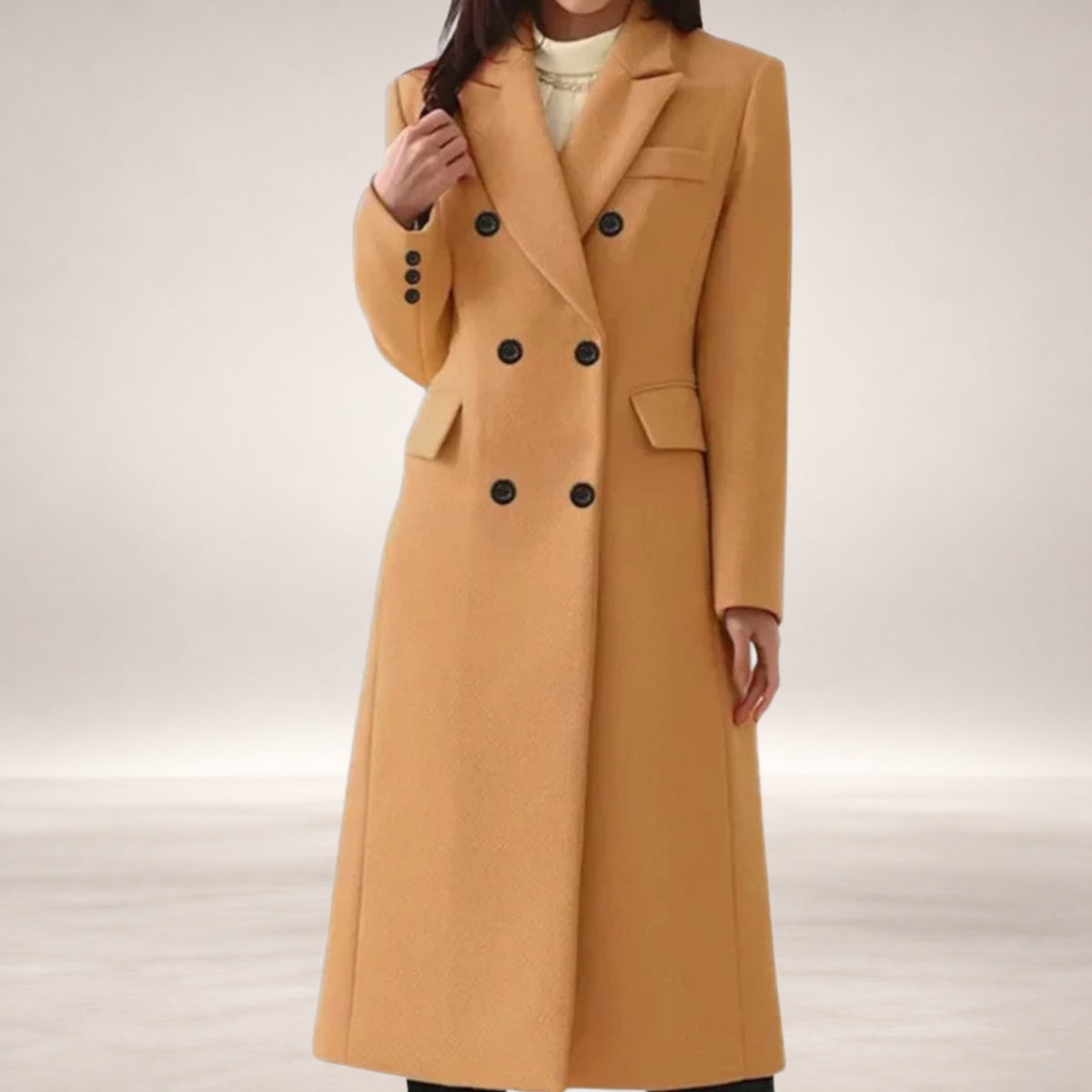 Scarlett | Women's Double-Breasted Wool Winter Coat Notch Lapel Long Tailored in Brown