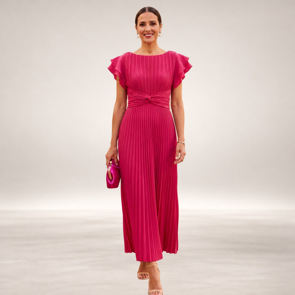 Seraphina – Elegant Pleated Maxi Dress with Twist Waist in Pink