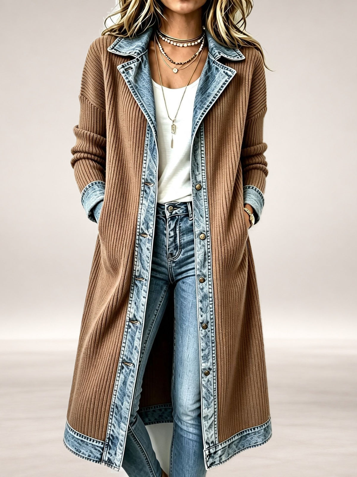 Willow – Long-Line Knit Cardigan with Denim Details in Khaki