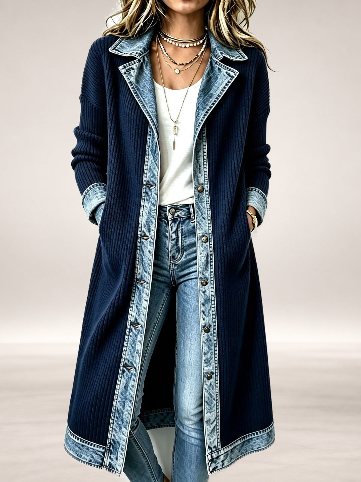Willow – Long-Line Knit Cardigan with Denim Details in Navy